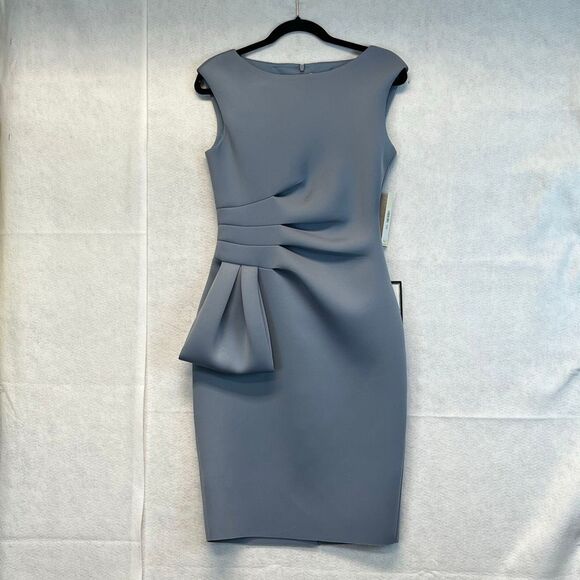 NWT ELIZA J Scuba Wear to Work Dress Sz 6 Blue Sheath Ruffle Pleated Sleeveless - Picture 1 of 15